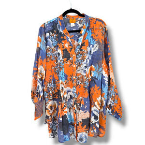 Ruby Rd. Women's Plus Floral Lightweight Button Front Blouse Blue Orange Size 1X